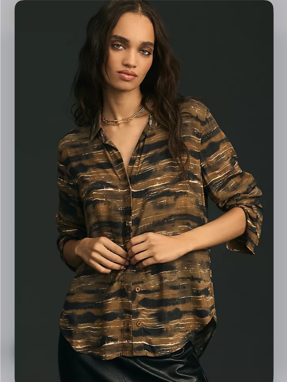 Anthropologie Cloth & Stone Printed Button-Down Shirt Sz Small Brown Black Motif